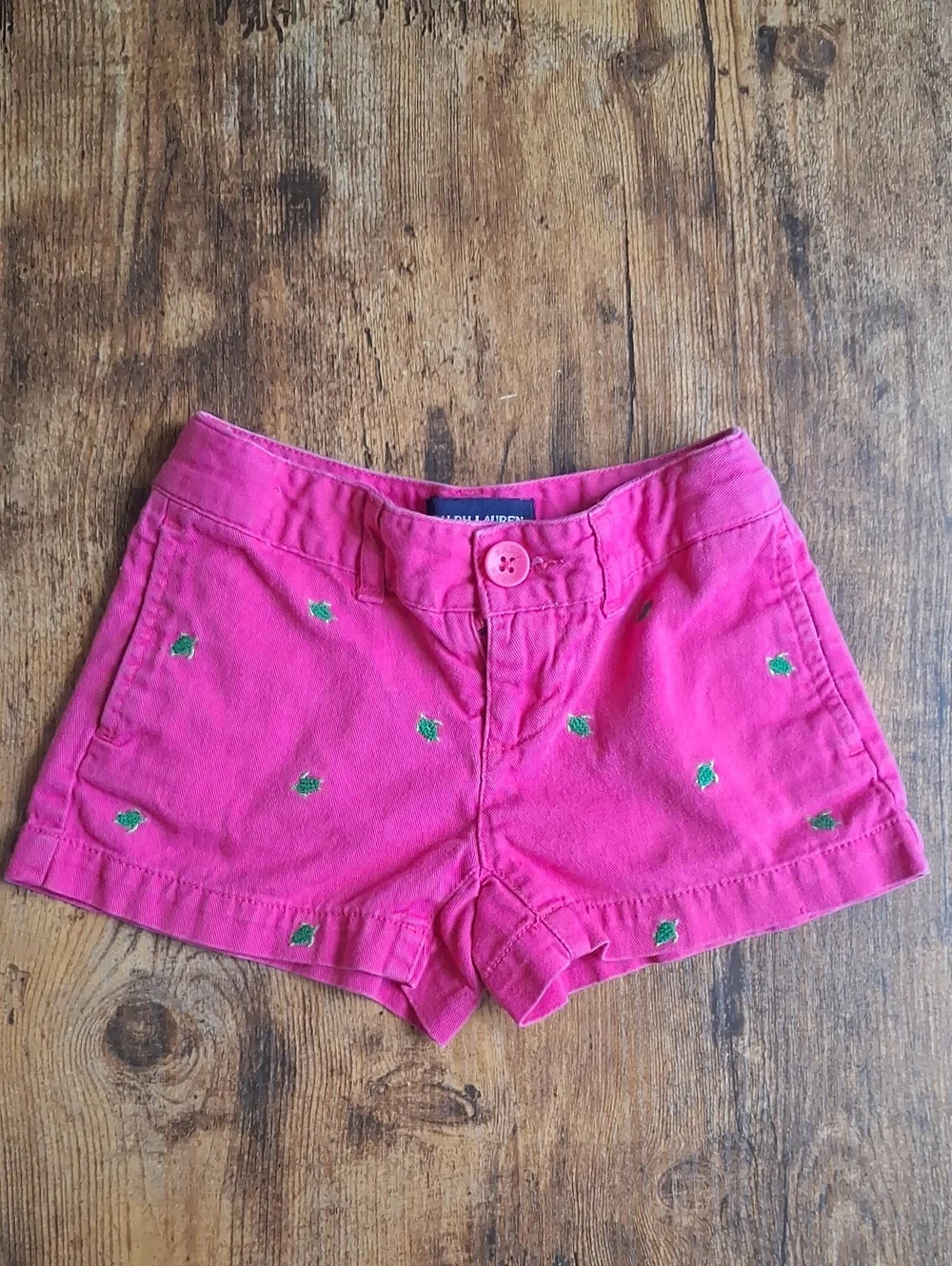 Ralph Lauren Bright Pink Cotton Shorts with Green Embroidery 3t